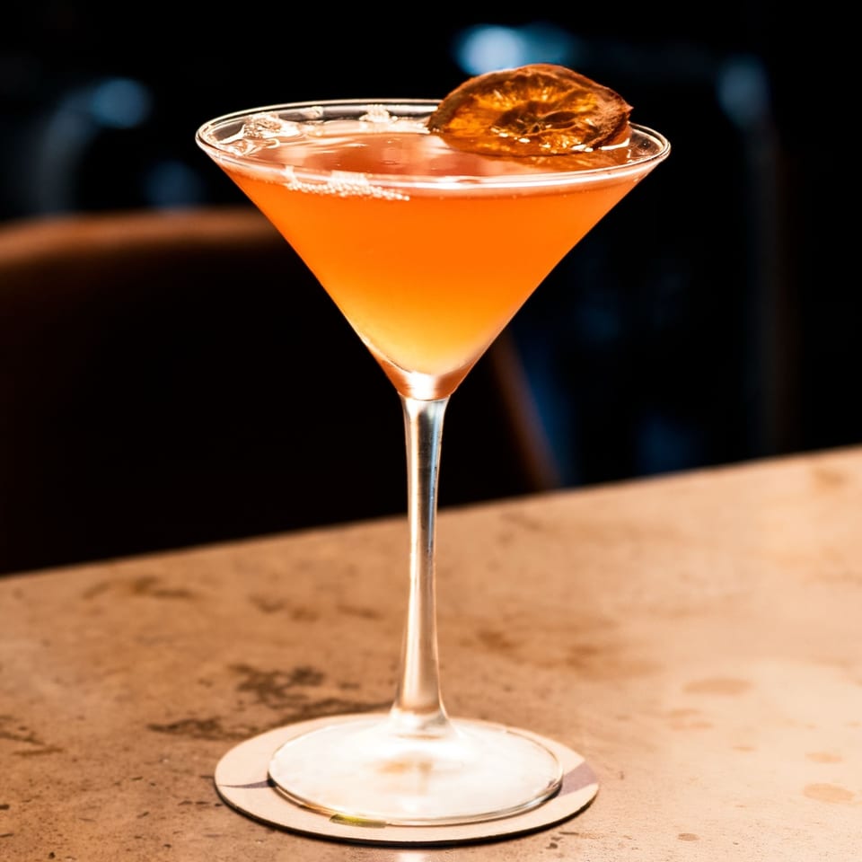 A vibrant orange cocktail in a martini glass, garnished with a dried citrus slice, on a bar.